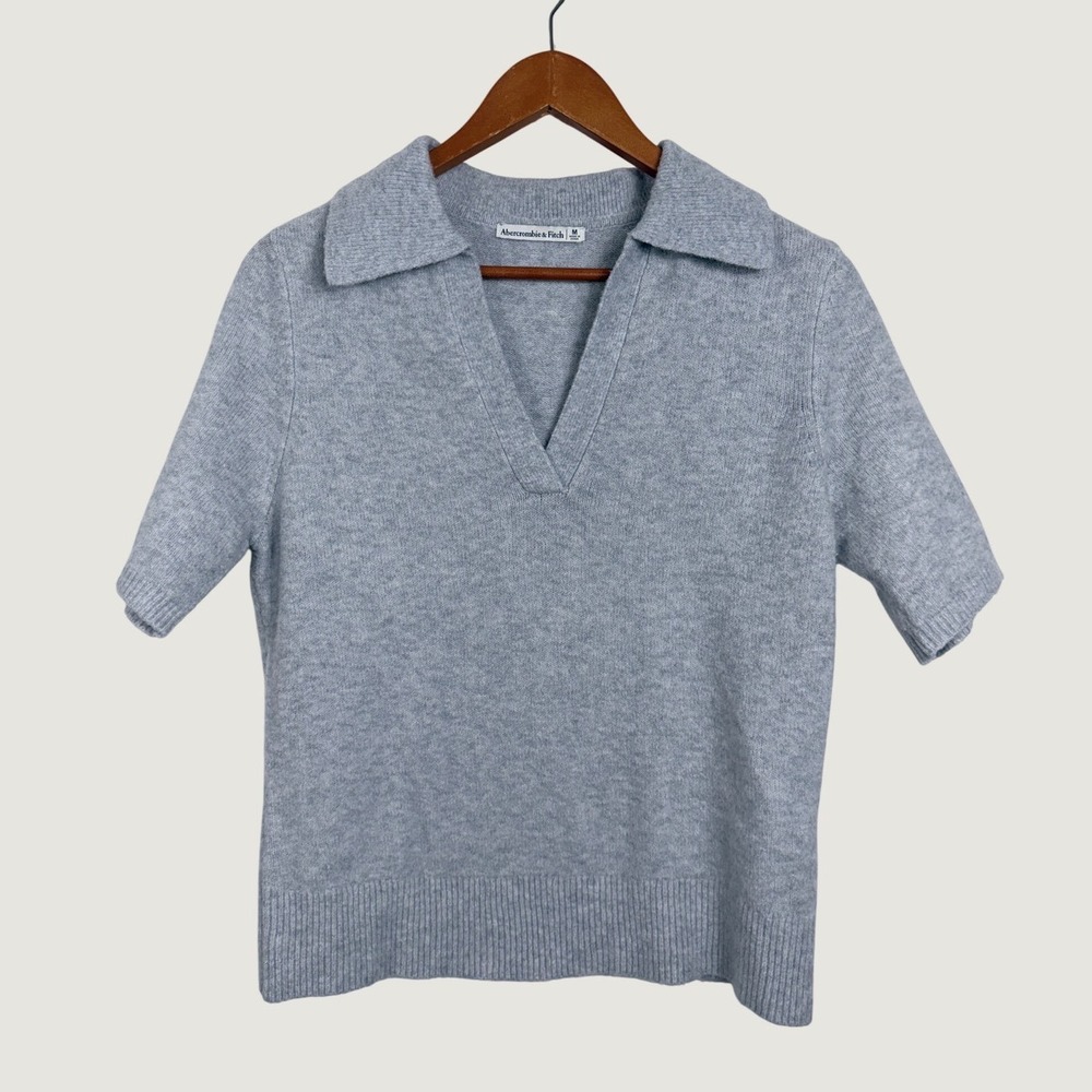Abercrombie & Fitch Sweater M Light Blue Polo V-Neck Short Sleeve Knit Top